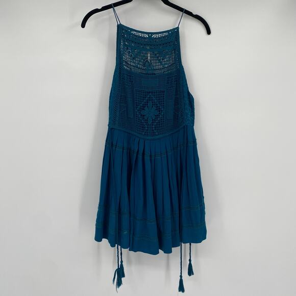 Free People Women's Emily Teal Blue Crochet Pleated Mini Dress Size XS X-Small - Picture 2 of 14
